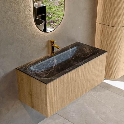 Badmeubel Mondiaz Kurve-Dlux | 100 cm | Meubelkleur Oak | Wastafelkleur Lava | Solid surface | Midden spoelbak | 1 kraangat