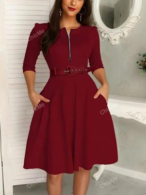 Purple Belted Midi Dress - Half Sleeve Zip Front A-Line Gown Burgundy / XL