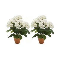 2x stuks kunstplant Hortensia wit in ronde terracotta pot 40 cm - thumbnail