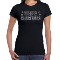Glitter kerst t-shirt zwart Merry Christmas glitter steentjes voor dames - Glitter kerst shirt