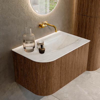 Mondiaz KURVE-DLUX 75 cm Onderkast Greeploos 1 Lade Met Deuren Walnut, Wastafel Solid Surface Rechts Ostra 0 Kraangaten Zonder Spiegel (KRVGRU75L1L1D0KR-Wal/Ost)
