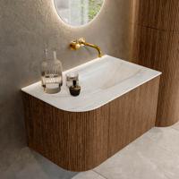 Mondiaz KURVE-DLUX 75 cm Onderkast Greeploos 1 Lade Met Deuren Walnut, Wastafel Solid Surface Rechts Ostra 0 Kraangaten Zonder Spiegel (KRVGRU75L1L1D0KR-Wal/Ost)