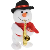 Sneeuwpop knuffel pop/figuur - 21 cm - saxofoon - met beweging en geluid