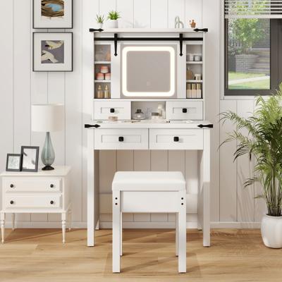 Kaptafel en Kruk Set met Verlichting en Schuifspiegel LED Verlichting Zijkast 4 Lades Verstelbare Opbergplanken Wit