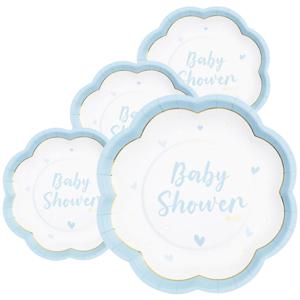 Feest/babyshower bordjes - geboorte - 32x - blauw - bloem vorm - papier/karton - 20 cm