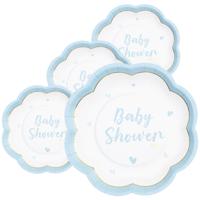 Feest/babyshower bordjes - geboorte - 32x - blauw - bloem vorm - papier/karton - 20 cm