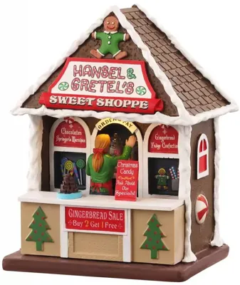 Lemax hansel & gretel&apos;s sweet shoppe verlicht kerstdorp tafereel Caddington Village 2022