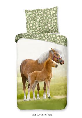 Good Morning Kinderdekbedovertrek "paarden" - Groen - (140x200 cm) - Katoen