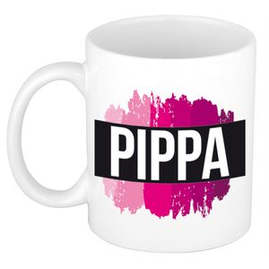 Pippa  naam / voornaam kado beker / mok roze verfstrepen - Gepersonaliseerde mok met naam   -