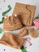 Kerstset muts teddybeer, snood en wanten baby pecannoot