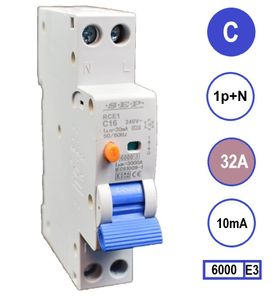 Aardlekautomaat 32A C KAR 10mA 2 polig 18mm breed Kema Keur 230V automaat en aardlek in een module