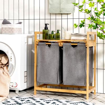 Bamboe Wasmand met Twee Compartimenten 2-Sectie Wasserij Sorter Mand met Afneembare Glijdende Zakken & Bovenste Plank