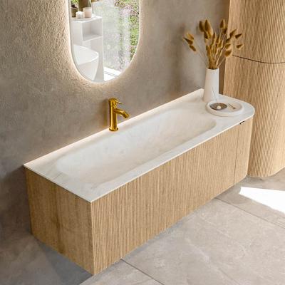 Badmeubel Mondiaz Kurve-Dlux | 135 cm | Meubelkleur Oak | Wastafelkleur Opalo | Solid surface | Links spoelbak | 1 kraangat