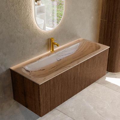 Badmeubel Mondiaz Kurve-Dlux | 120 cm | Meubelkleur Walnut | Wastafelkleur Arena | Solid surface | Wasbak midden spoelbak | 1 kraangat