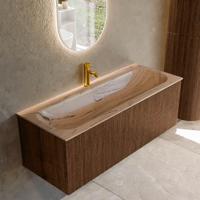 Badmeubel Mondiaz Kurve-Dlux | 120 cm | Meubelkleur Walnut | Wastafelkleur Arena | Solid surface | Wasbak midden spoelbak | 1 kraangat