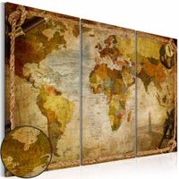 Schilderij - Wereldkaart - Wereld in Touwen, 3luik , beige bruin , wanddecoratie , premium print op canvas - thumbnail