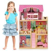 Houten Poppenhuis voor Kinderen Poppenhuisspeelset met 3 Verdiepingen 6 Kamers en 15 Meubels DIY Droomhuis voor Kinderen 3+