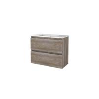 Basic-Line Start 39 Badkamermeubelset - Ondiep - 80 x 39 cm - Greeploos - 2 Lades - Keramische Wastafel - 1 Kraangat - Scotch Oak