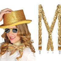 Carnaval Verkleedset - bretels/strik/bril en hoed - goud - disco/seventies/80's - themafeest Carnaval Verkleedset - bretels/strik/bril en hoed - goud - disco/seventies/80's - themafeest