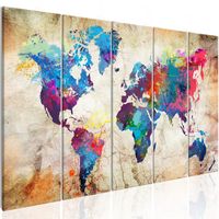 Schilderij - Wereldkaart ,  Gekleurde Wereld  II, 5 luik - thumbnail