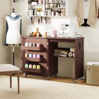 2-in-1 Opvouwbare Naaikast met Oplaadstation & Planken Naaimachinekast Naaikast Koffie