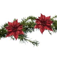 2x stuks kerstboomversiering bloemen op clip rode kerstster 18 cm - Kersthangers - thumbnail