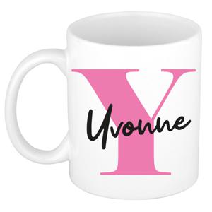 Naam mok Yvonne - roze - wit - keramiek - 300 ml - verjaardag/cadeau beker