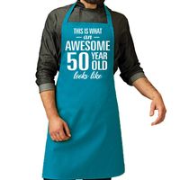 Cadeau schort voor heren - awesome 50 year - blauw - keukenschort - verjaardag - 50 jaar