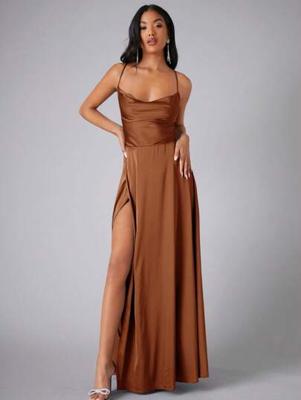 Bon&Bon Lilac Satin Bridesmaid Dress | Cowl Neck Maxi Gown with Split Brown / L