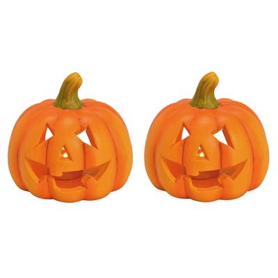 Theelichthouder / windlicht pompoen - Set van 2x stuks - 13 x 12 cm - Halloween - oranje - polystone