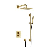 Hotbath Gal - Inbouw Regendoucheset - Geborsteld Messing PVD - Thermostatisch - Wandarm 35 cm - Hoofddouche 220 mm - Staafhanddouche - Glijstang 900 mm - met 2-Weg Stop-Omstel