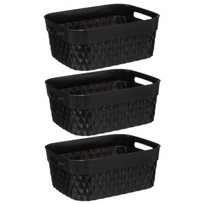 5Five Opbergmand/box van kunststof - 3x - zwart - 25 x 33 x 13 cm - 8.5 liter