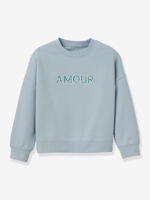 Sweater voor meisjes met boodschap van CYRILLUS in Liberty® katoen van biokatoen hemelsblauw