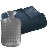 Fleece deken/plaid Navy Blauw 130 x 180 cm en een warmwater kruik 2 liter