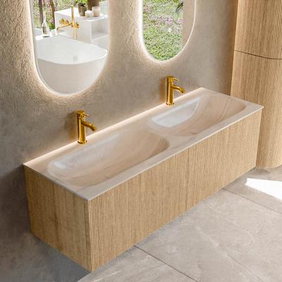 Badmeubel Mondiaz Kurve-Dlux | 140 cm | Meubelkleur Oak | Wastafelkleur Meli | Solid surface | Wasbak beide zijden spoelbak | 2 kraangaten
