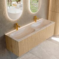 Badmeubel Mondiaz Kurve-Dlux | 140 cm | Meubelkleur Oak | Wastafelkleur Meli | Solid surface | Wasbak beide zijden spoelbak | 2 kraangaten