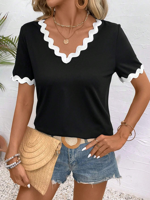 Women's Short Sleeve T-shirt Summer Black Plain Webbing Jersey V Neck Daily Going Out Casual Top