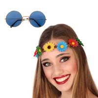 Flower Power verkleed accessoires dames - Bloemen hoofdband - Hippie bril ronde glazen in het blauw