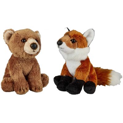 Bosdieren zachte pluche knuffels 2x stuks - Vos en Bruine Beer van 15 cm
