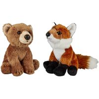 Bosdieren zachte pluche knuffels 2x stuks - Vos en Bruine Beer van 15 cm - thumbnail