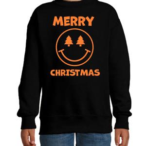 Kersttrui/sweater voor jongens/meisjes - Merry Christmas - zwart - Smile Emoticon - glitter oranje