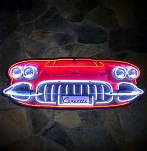 Chevrolet Corvette Voorkant Neon Verlichting XL In Metalen Behuizing - 152 x 57 cm