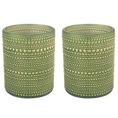 2x stuks luxe theelichthouder/kaarsenhouder - olijfgroen/goud - glas - D7 x H8 cm