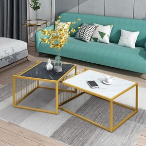 Set van 2 Moderne Nesttafel Stapelbare Zij Koffietafel Waterdicht Gemarmerde Tafelblad Vrije Combinatie Industrieel Ontwerp