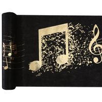 Santex muziek thema tafelloper op rol - 5 m x 30 cm - zwart/goud - non woven polyester - Feesttafelkleden