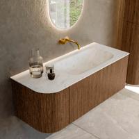 Mondiaz KURVE-DLUX 115 cm Onderkast Greeploos 1 Lade Met Deuren Walnut, Wastafel Solid Surface Rechts Opalo 0 Kraangaten Zonder Spiegel (KRVBGS115L1L1D0KR-Wal/Opa)