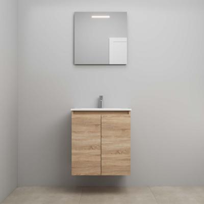 On-Line Badkamermeubelset - 60 cm - Bouwpakket - Greeploos 2 Deuren - Porseleinen Wastafel - 1 Kraangat - Spiegel met LED-Verlichting - Eiken