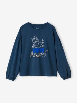 T-shirt met glansdetails en een fluwelen tekst meisje marineblauw