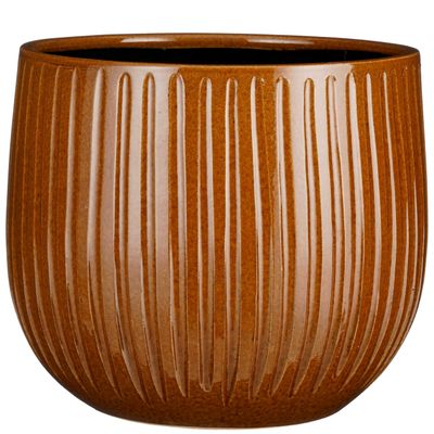 Plantenpot/bloempot keramiek okergeel ribbels glans patroon - D29/H25 cm