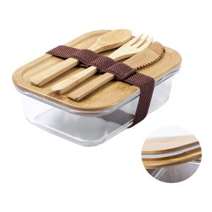 Lunchbox - glas - bamboe deksel - met bestek - 17 x 13 x 7 cm